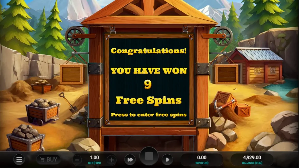 Pemandangan visual slot Digger’s Dough dengan karakter penambang dan gerobak emas