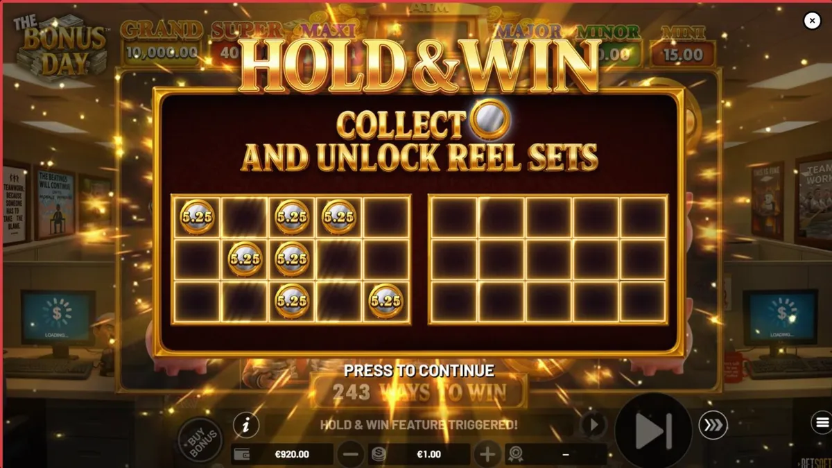 The Bonus Day slot machine interface featuring office-themed symbols and corporate satire design.