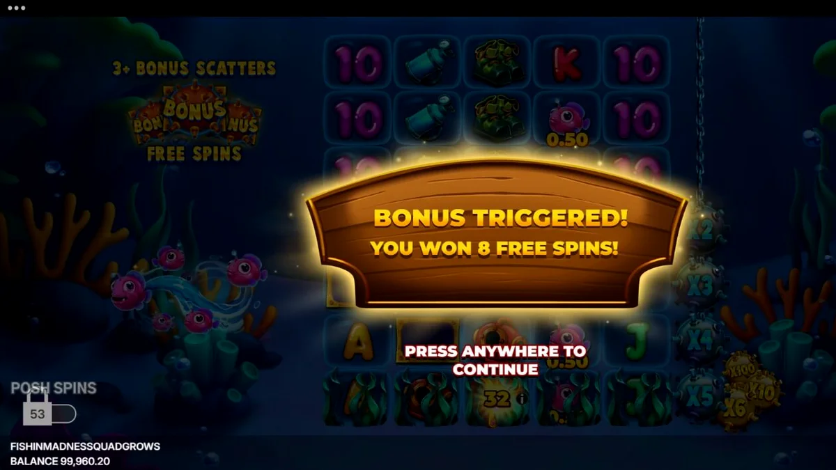 Pemandangan bawah laut yang penuh warna dalam slot Fishin’ Madness Quadgrows
